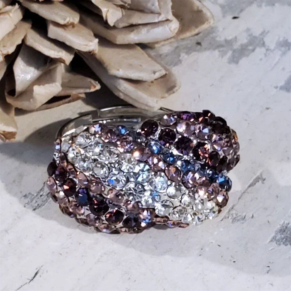 Purple Clear Glam Czech Rhinestones Crystals Cocktail Ring